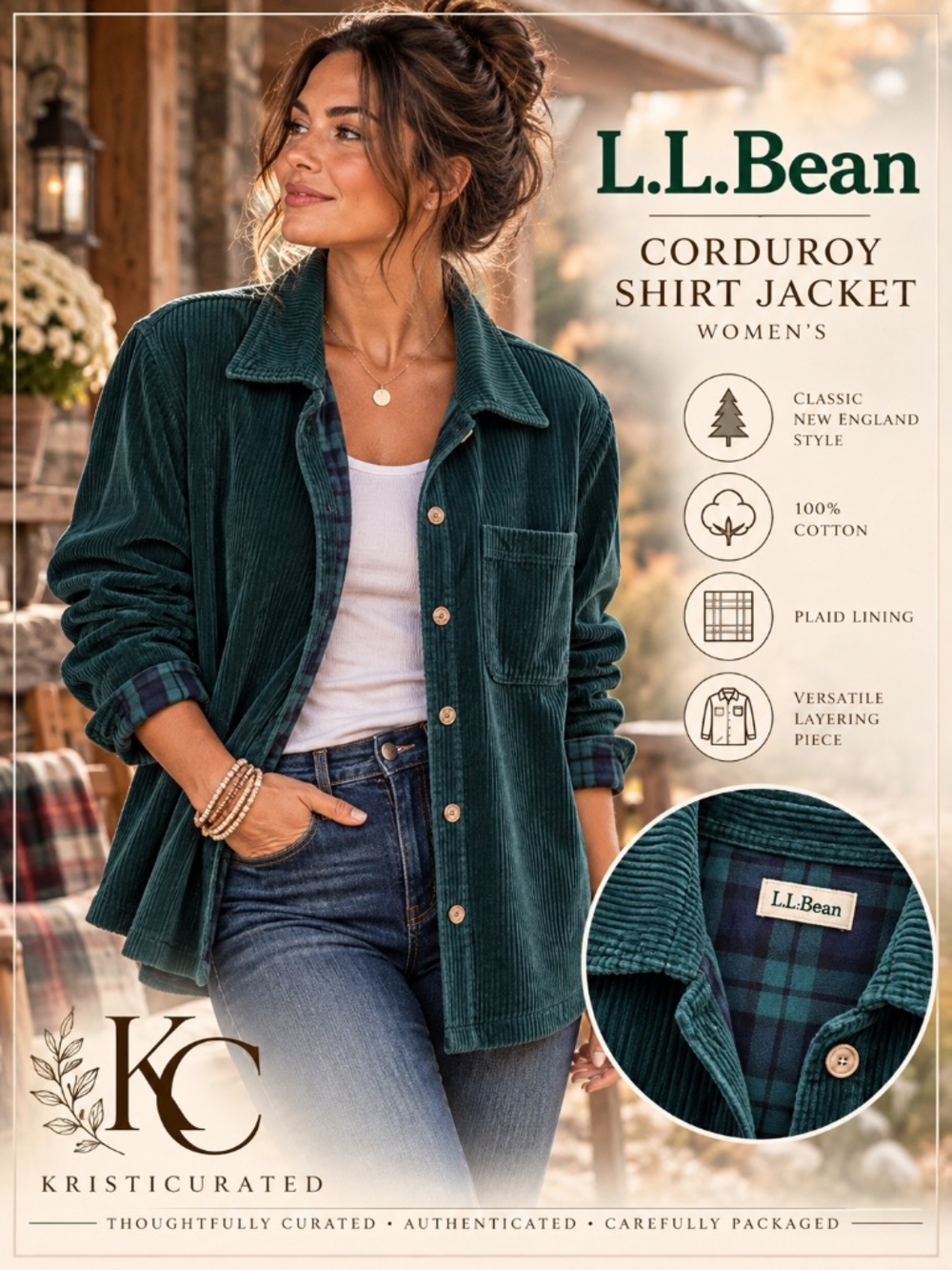 L.L.Bean Corduroy Plaid Lined Shirt Jacket Green Women’s M